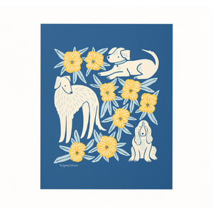 Illustrated art print of dogs and flowers by Chrissie Van Hoever