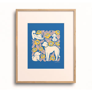 Illustrated art print of dogs and flowers by Chrissie Van Hoever