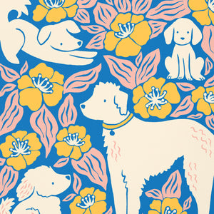 Illustrated art print of dogs and flowers by Chrissie Van Hoever