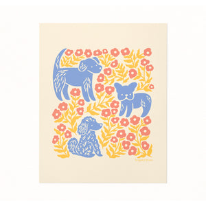 Illustrated art print of dogs and flowers by Chrissie Van Hoever