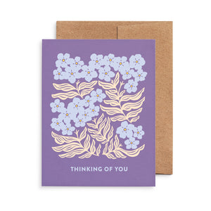 Thinking of you greeting card featuring forget-me-not flowers illustration by Chrissie Van Hoever