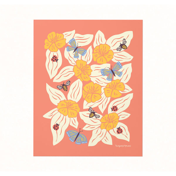 Archival-quality illustrated art print of a blooming butterfly garden on a rich coral background.