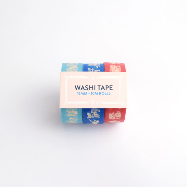 Three rolls of colorful washi tape featuring dogs, cats, and rabbits by Nuthatch Studio.