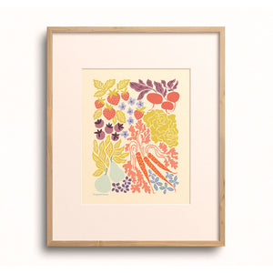 Farmers Market Art Print by Chrissie Van Hoever displayed in a wooden frame with a white mat.