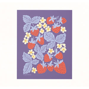 Archival-quality illustrated art print of a blooming strawberry patch on a rich plum background.
