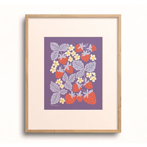 Strawberry Patch Art Print by Chrissie Van Hoever displayed in a wooden frame with a white mat.