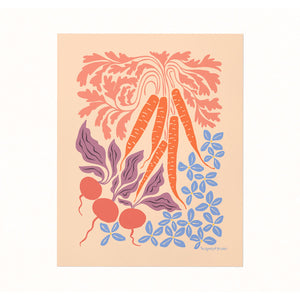 Archival-quality illustrated art print of colorful carrots & radishes on a soft peach-colored background.