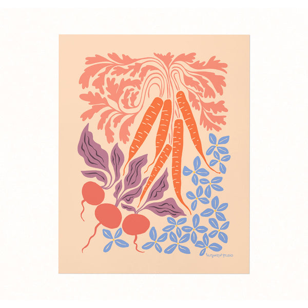 Archival-quality illustrated art print of colorful carrots & radishes on a soft peach-colored background.