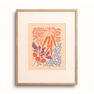 Carrots & Radishes Art Print by Chrissie Van Hoever displayed in a wooden frame with a white mat.