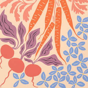 Close-up view of the Carrots & Radishes Art Print from Nuthatch Studio