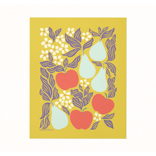 Archival-quality illustrated art print of apples & pears on a chartreuse background.