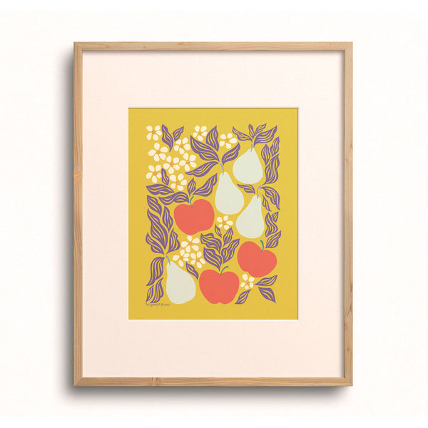 Apples & Pears Art Print by Chrissie Van Hoever displayed in a wooden frame with a white mat.
