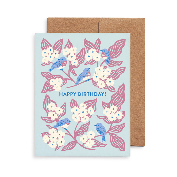 Happy birthday greeting card featuring bluebird illustration by Chrissie Van Hoever