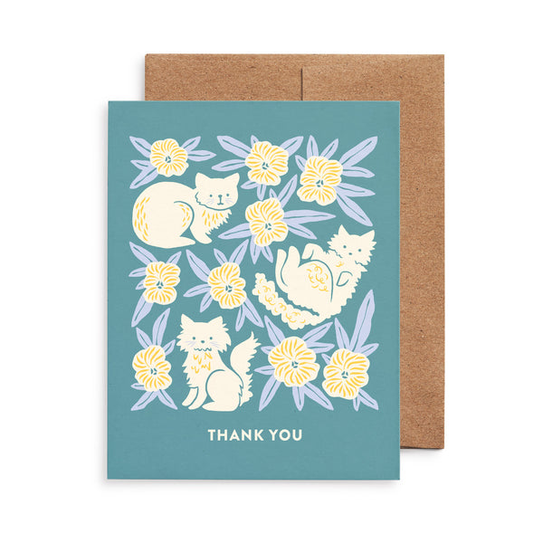 Thank you greeting card featuring cats and flowers illustration by Chrissie Van Hoever