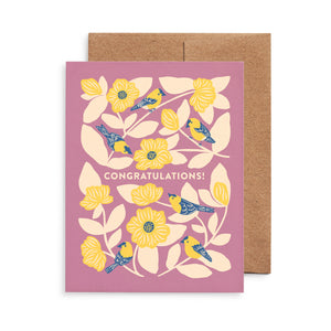 Congratulations greeting card featuring goldfinch illustration by Chrissie Van Hoever