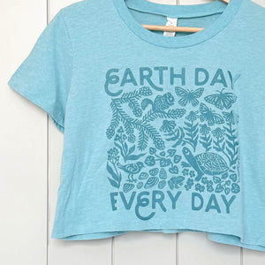 Seconds Batch - Upcycled Turquoise Blue Earth Day Every Day T-Shirt - Women’s Size Large