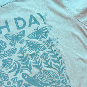 Seconds Batch - Upcycled Turquoise Blue Earth Day Every Day T-Shirt - Women’s Size Large