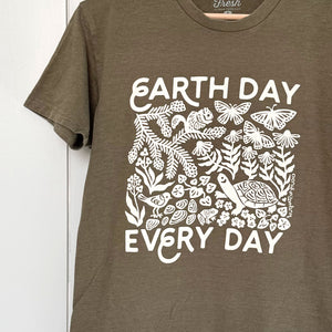 Upcycled Forest Green Earth Day Every Day T-Shirt - Unisex Size Small