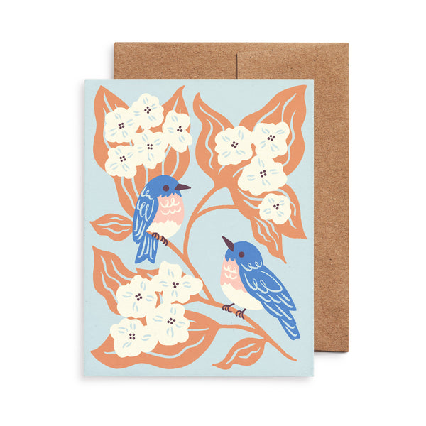 Illustrated greeting card featuring sweet Bluebirds amongst fluffy hydrangea blooms.