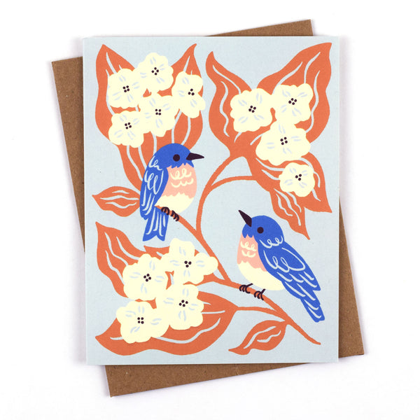 Illustrated greeting card featuring sweet Bluebirds amongst fluffy hydrangea blooms.