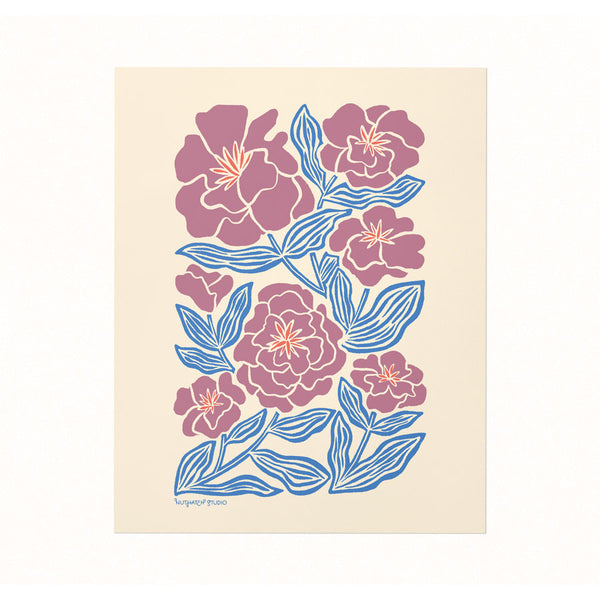 Archival print of an illustration featuring many-petaled camellia blooms on a creamy white background.