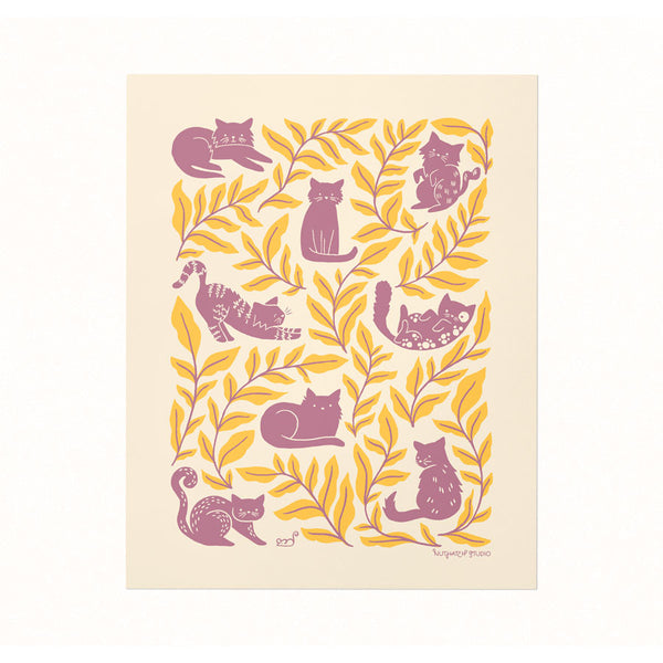 Archival art print of an illustration of purple cats lounging and playing amidst trailing yellow leaved plants with purple stems.
