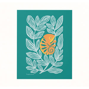 Archival print of an illustration featuring a bright yellow and orange chameleon relaxing in the leaves on a rich pine-green backdrop.