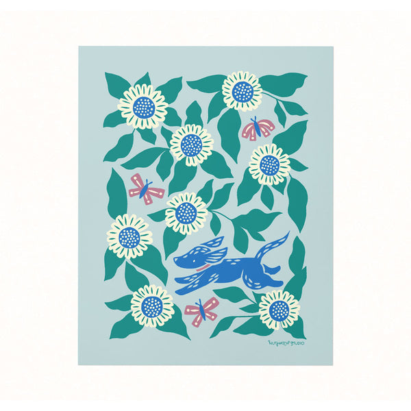 Archival quality illustrated art print of a playful pup running amidst daisy blooms and butterflies.