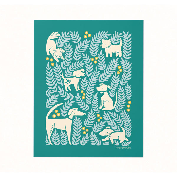 Archival illustrated art print of dogs playing in a field of leafy plants and flowers on a rich pine green background.
