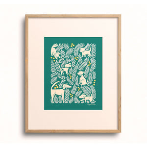 Dog Park art print displayed in a wooden frame with a white mat.
