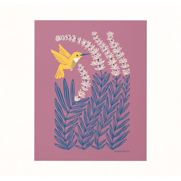 Archival print of an illustration featuring a bright yellow hummingbird sipping nectar from lavender blooms.