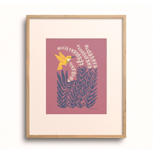 Hummingbird & Lavender art print displayed in a wooden frame.