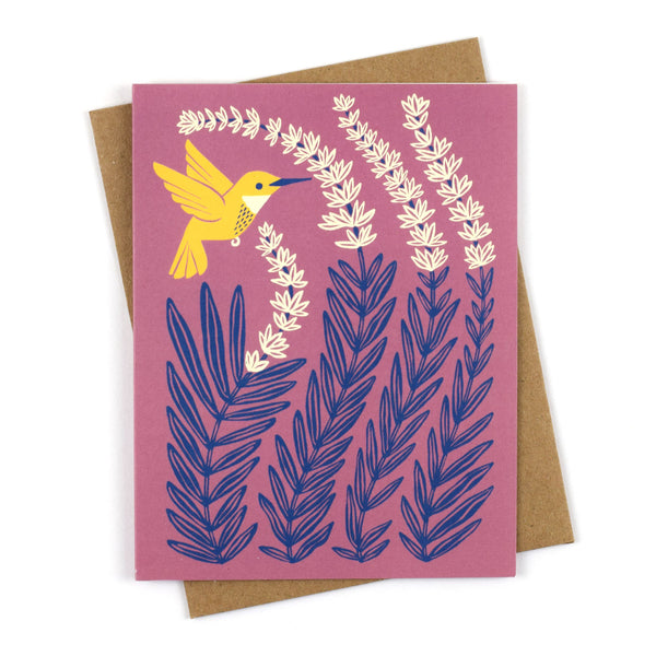Illustrated greeting card featuring a bright yellow hummingbird sipping nectar from lavender blooms.