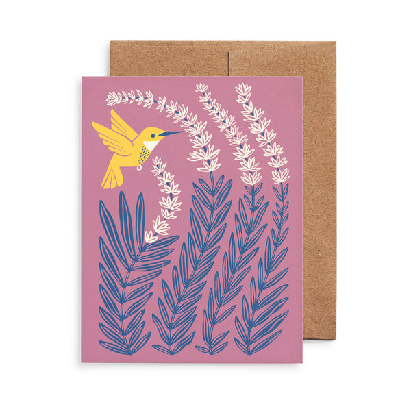 Illustrated greeting card featuring a bright yellow hummingbird sipping nectar from lavender blooms.