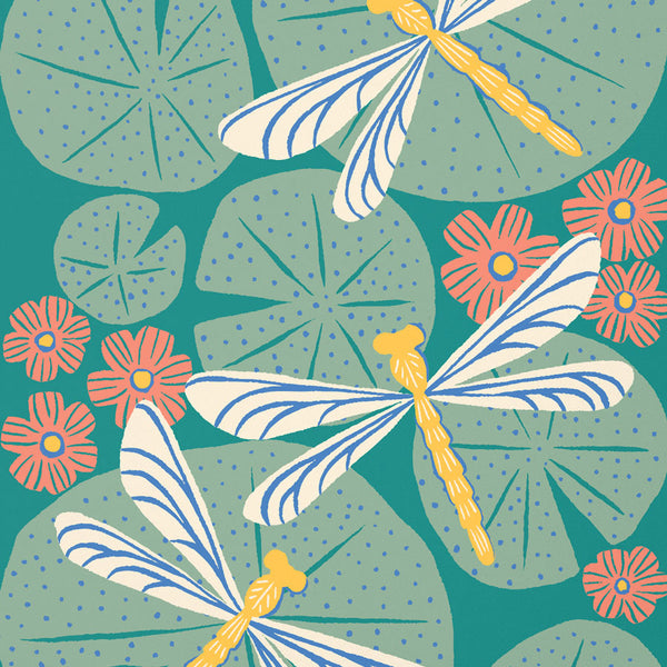 Close up of Lilies & Dragonflies art print by Chrissie Van Hoever