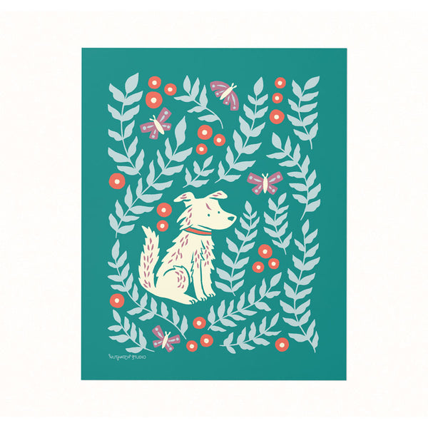 Archival illustrated art print of a sweet pup lounging in a meadow of blooms and butterflies on a rich pine green background.