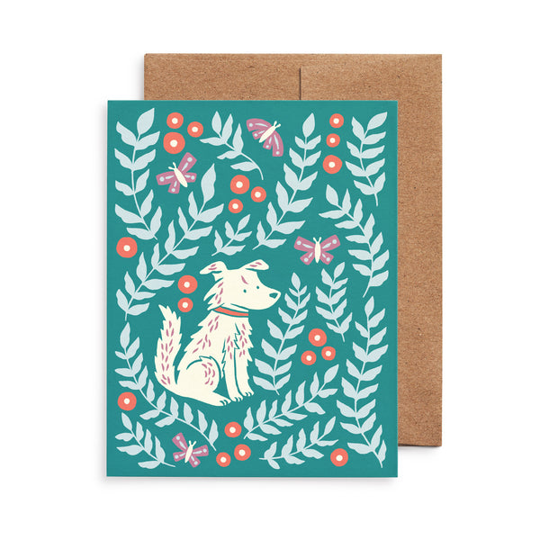 Greeting card with the illustration Molly Meadows by Chrissie Van Hoever featuring a dog surrounded leaves and butterflies.