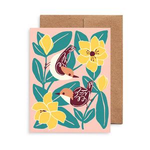 Illustrated greeting card with brown-headed nuthatches and big magnolia blooms on a dusty pink background.