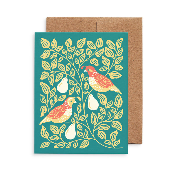 Holiday greeting card with illustration of partridges in a pear tree