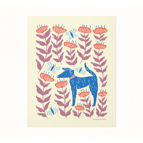 Archival illustrated art print of a sweet pup enjoying a field of blooms and butterflies.