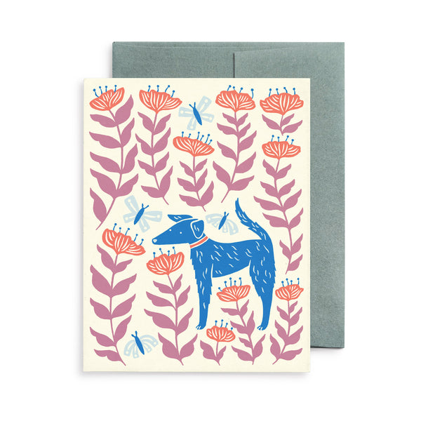 Greeting card with the illustration Petal Pup by Chrissie Van Hoever featuring a dog standing amidst tall flowers and butterflies.