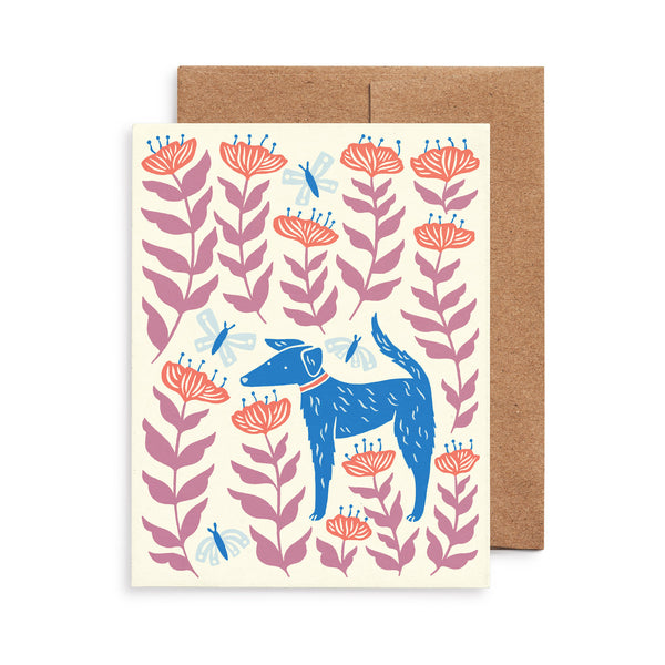 Greeting card with the illustration Petal Pup by Chrissie Van Hoever featuring a dog standing amidst tall flowers and butterflies.