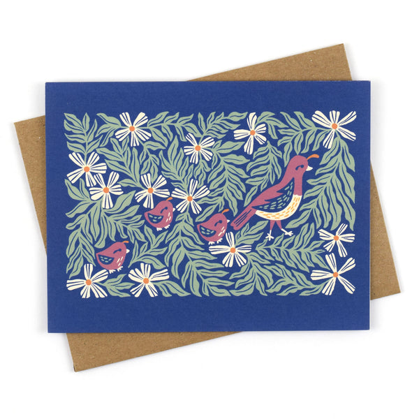 Illustrated greeting card featuring a little quail family scurrying through a meadow of flowers on a deep navy background.