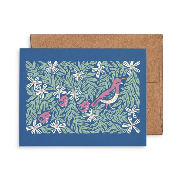 Illustrated greeting card featuring a little quail family scurrying through a meadow of flowers on a deep navy background.