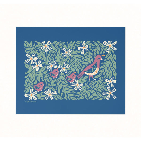 Archival print of an illustration featuring a little quail family scurrying through a meadow of flowers on a deep navy background.