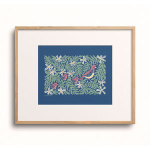 Quail Meadow art print displayed in a wooden frame.