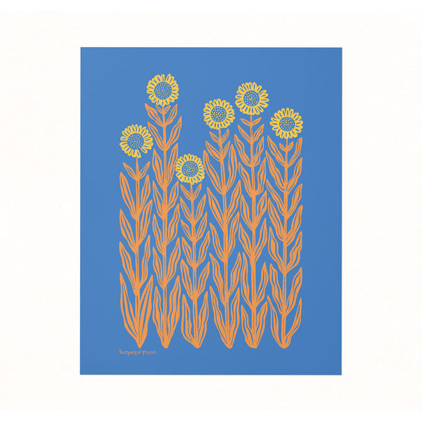 Archival print of an illustration featuring a patch of bright yellow sunflowers on a cerulean blue background.