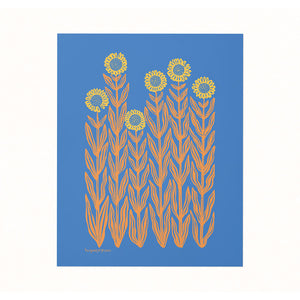 Archival print of an illustration featuring a patch of bright yellow sunflowers on a cerulean blue background.