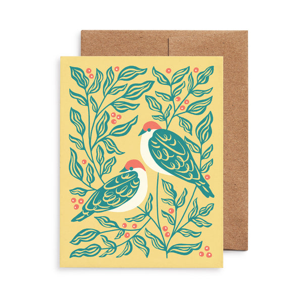 Holiday greeting card with illustration of turtledoves