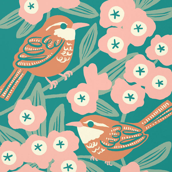 Close up of Wren & Rhododendron Art Print by Chrissie Van Hoever